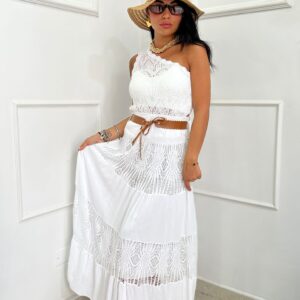 Gonna Lunga in Cotone con Pizzo e Cintura in Cuoio