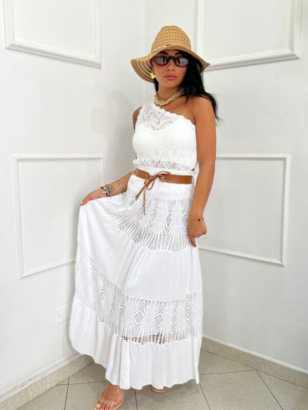 Gonna Lunga in Cotone con Pizzo e Cintura in Cuoio